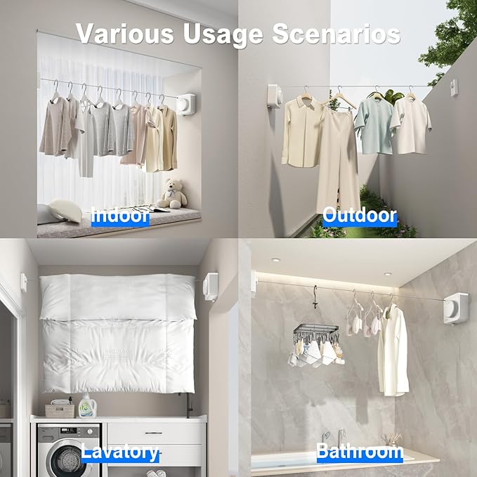 MUSTORN Retractable Clothesline Indoor, Non-Sagging Outdoor Clothes Line Retracting Heavy Duty Clothes Drying Laundry Line Wall Mounted Stainless Steel Line-15.1 Feets(Square-White)