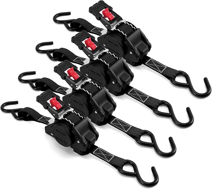 LEVELEVE Retractable Ratchet Tie Down Straps (1" x 6FT, 4-Pack, Black) - Heavy Duty 1560LBS Break Strength Quick-Lock, Weather Resistant for Moving, Cargo, Trucks & Boats