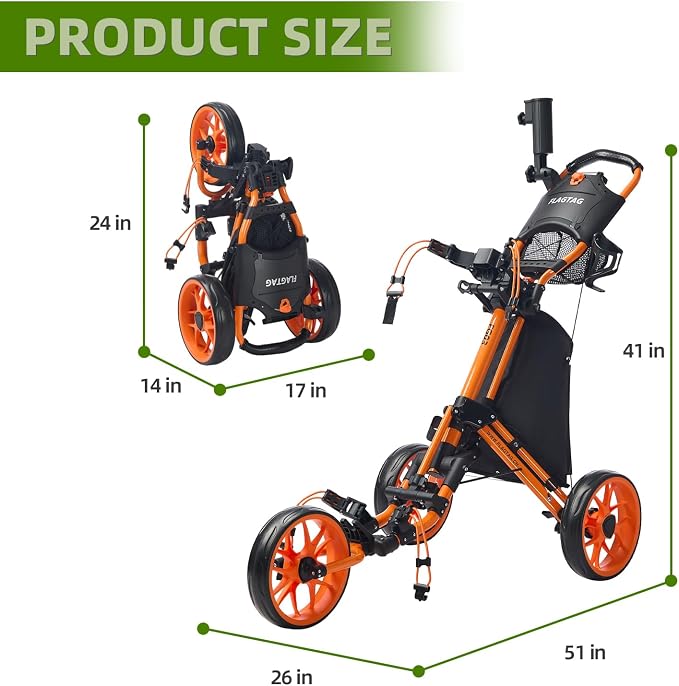 FLAGTAG Golf Push Cart 3 Wheel,Foldable Golf Push Cart,Golf Bag Cart with Foot Brake,Umbrella Holder, Cup Holder, Storage Compartment