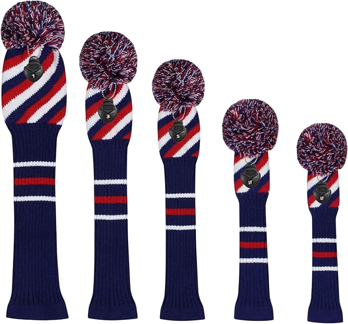 Scott Edward Knit Golf Club Cover with a Pom Set of 5 Head Covers Protect Driver Wood(460cc) 1 Fairway Wood2 and Hybrid/UT2 with Rotating Club Number Tags