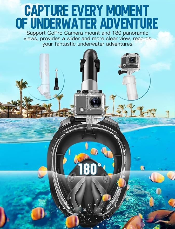 Full Face Snorkel Mask for Adults, 180° Panoramic Anti-Fog Snorkeling Gear with Dry Top System & Camera Mount, Foldable Anti-Leak Design for Travel, Swimming & Ocean Snorkeling