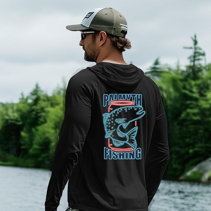 Palmyth Fishing Hoodie for Men Long Sleeve Sun Protection UV UPF 50+ Shirts | Hidden Zipper Pocket, Thumb Loops, Quick-Dry, Side Mesh Panels, Lens Cleaning Cloth, 4-Way Stretch