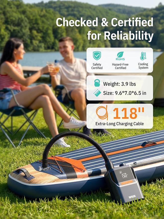 Niphean Paddle Board Electric Pump with Battery 50 PSI Rechargeable Air Pump Dual Stage Auto Inflation&Off 12V DC Car Connector Portable SUP Pump for Stand Up Paddle Board, Kayak, Tent and Tires