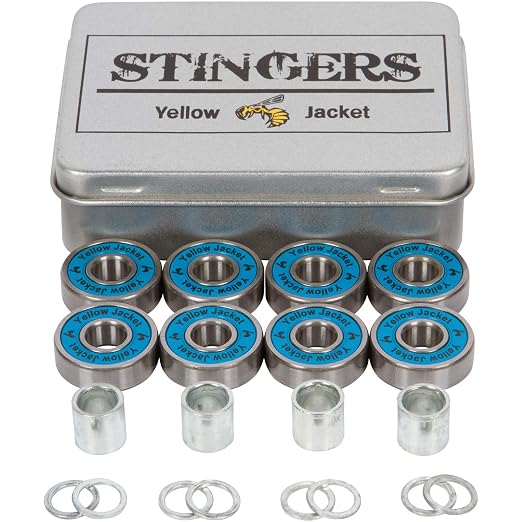 Yellow Jacket Premium Skateboard Bearings, Pro Longboard Bearings, 608, ABEC 11, Washers and Spacers, Bomber Blue (Pack of 8)