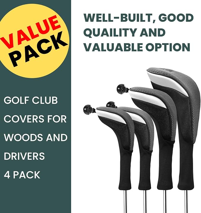 FINGER TEN Golf Club Head Covers Woods Driver Fairway Hybrid 3/4/5 Set, Headcovers Men 1 3 5 7 X Interchangeable Number Tag, Fit All Wood Clubs