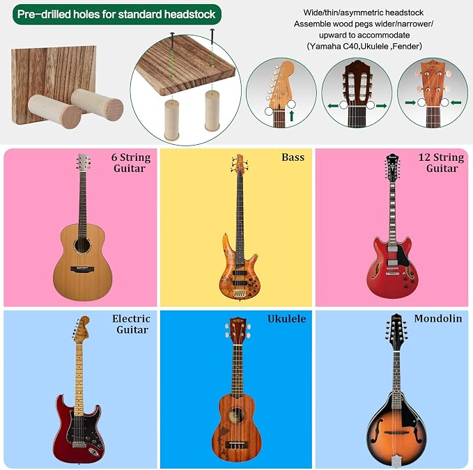 Keebofly Guitar Wall Mount Hanger with Shelf & Pick Holder - 2 Pack Guitar Holder Wall Hook for Acoustic, Electric, Bass Guitars, Ukulele (Screw-Mounted, Brown) [Patented]