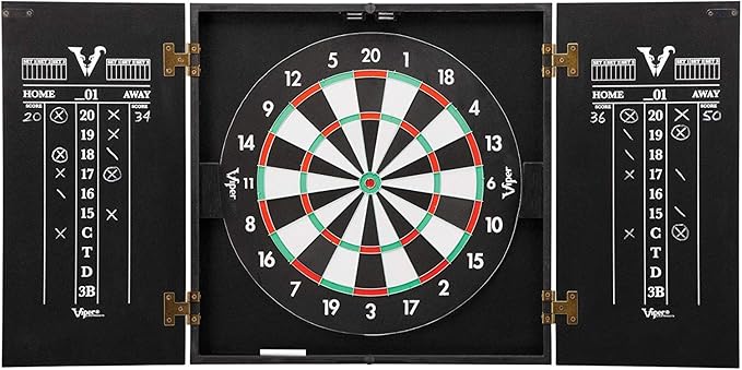 Viper Hideaway Dartboard Cabinet Set with Steel-Tip Dart Board, Reversible Board with Baseball Game Option, Two Sets of Darts, Chalk Scoreboards, and Matte Black Finish