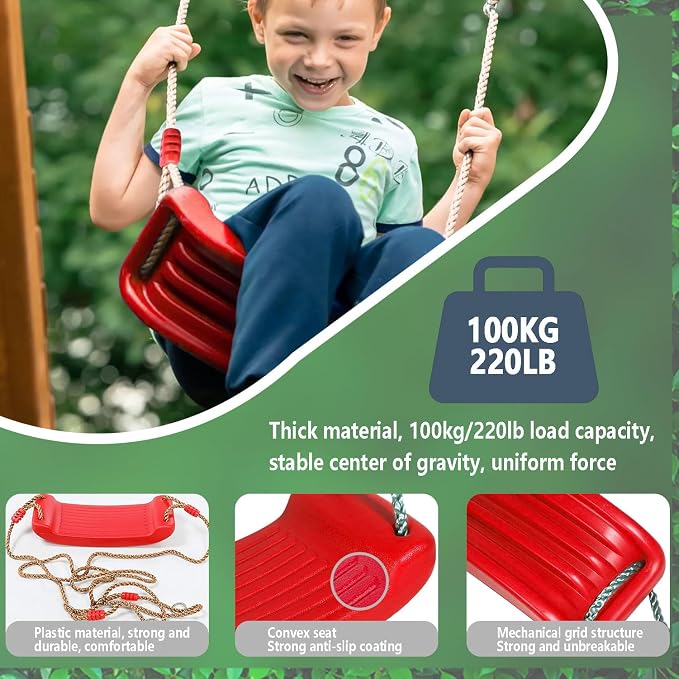 Plastic Swing Seat, Heavy Duty Tree Swing Set Non Slip Playground Swing Set Accessories Replacement with Adjustable Rope for Kids Outdoor Play Playground Backyard (Red)