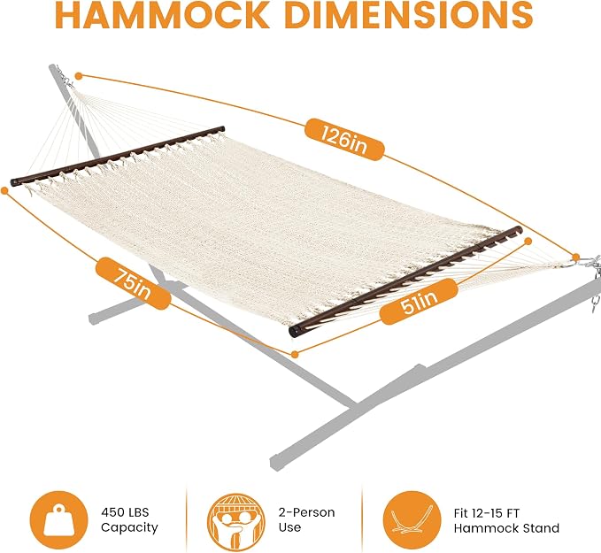 Lazy Daze Hammocks 10.5 FT Double 2 Person Caribbean Rope Hammock, Hand Woven Polyester Hammock with Spreader Bars, for Outside Outdoor Backyard Patio Poolside, 450 LBS Capacity, Cream