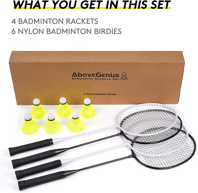 AboveGenius Badminton Rackets Set of 4 for Outdoor Backyard Games, Including 4 Rackets, 6 Nylon Badminton Shuttlecocks, Lightweight Badminton Racquets for Beginners