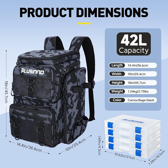 PLUSINNO Fishing Tackle Backpack with Rod Holders，42L Water-resistant Fishing Bag Store Fishing Gear, Fisher Gifts For Men.