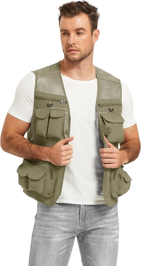 Flygo Men's Fishing Vest Utility Lightweight Outdoor Travel Safari Photo Cargo Vest with 16 Pockets