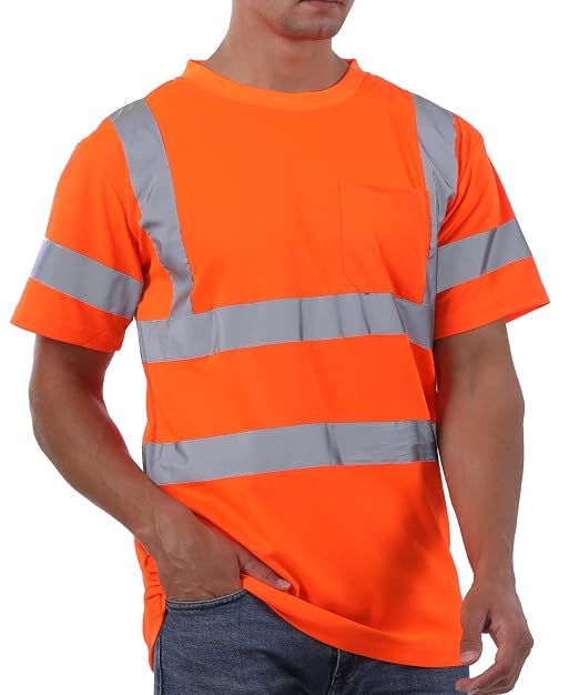 sesafety High Visibility Shirts for Men Class 3 Hi Vis Reflective Construction Shirts for Men with Pocket Safety T Shirt for Mens Work Shirt for Mens Short Sleeve Orange