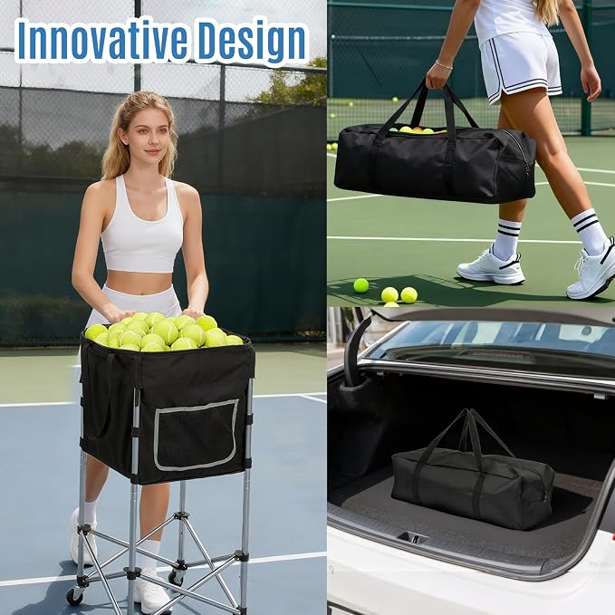 Tennis Ball Cart with Wheels & Brake (180 Capacity) – Heavy Duty Stainless Steel Frame with Detachable Washable Bag – Foldable Travel Hopper for Tennis & Pickleball, Portable Carrier