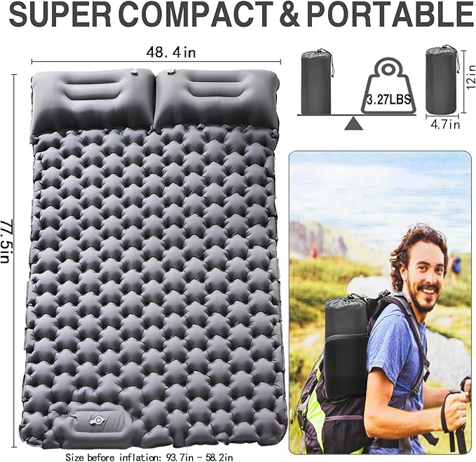 Double Sleeping Pad for Camping - 4" Extra Thick Self Inflating Air Mattress for 2 Person with Built-in Pillow & Foot Pump, Waterproof Inflatable Sleeping Mat for Backpacking Tent Hiking Travel