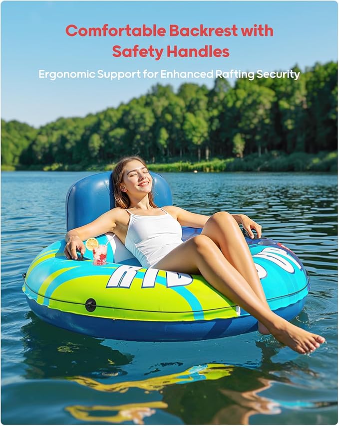 QPAU Inflatable River Tube, 0.4 mm Thickened Puncture-Resistant Heavy Duty River Float, River Raft with Ergonomic Backrest, Mesh Bottom & 2 Cup Holders for Family Friends Lake Float