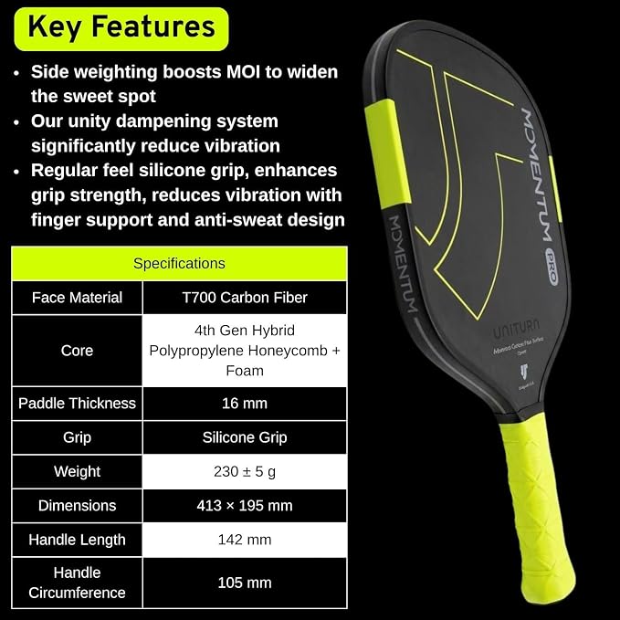 Pickleball Paddle – T700 Raw Carbon Fiber, Silicone Grip | Momentum PRO 16mm Control Core, Hyperfoam Edge