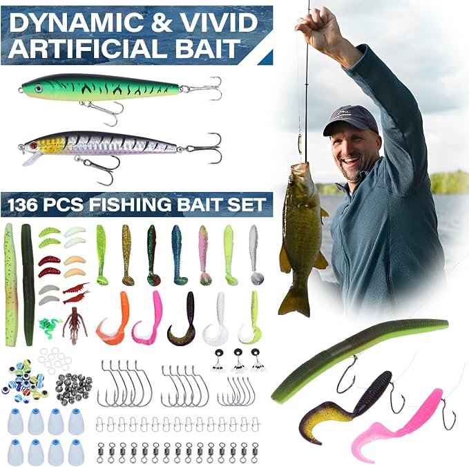 Fishing Tackle Bags with Tackle Box,Waterproof,Padded Shoulder Strap,Gear Storage,Fish Bag with 136 Pcs Fishing Lures Kit,Fish Hook Remover Tool,Fish Lip Gripper,Fishing Plier,Gifts for Men (Green)