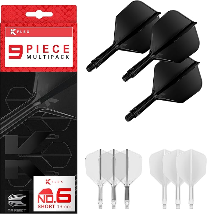 Target Darts K-Flex Integrated Dart Flights and Shafts, No.6, Kflex 9 Pack Bundle, K Flex 3 Colours | Black, White, Clear, Red, Green, Blue, Pink, Orange, Yellow | Short, Intermediate, Medium