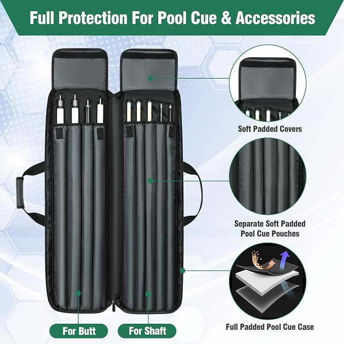 Pool Cue Case 4x5, Pool Cue Carrying Case Soft Padded Billiard Stick Bag with Multi-pocket for 4 Butts and 5 Shafts (1PCS Grey + 1PCS Blue)
