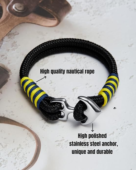 Men's Nautical Anchor Cuff Bracelet, Handmade Black & Blue Stainless Steel Rope Wristband with Lobster Claw Clasp