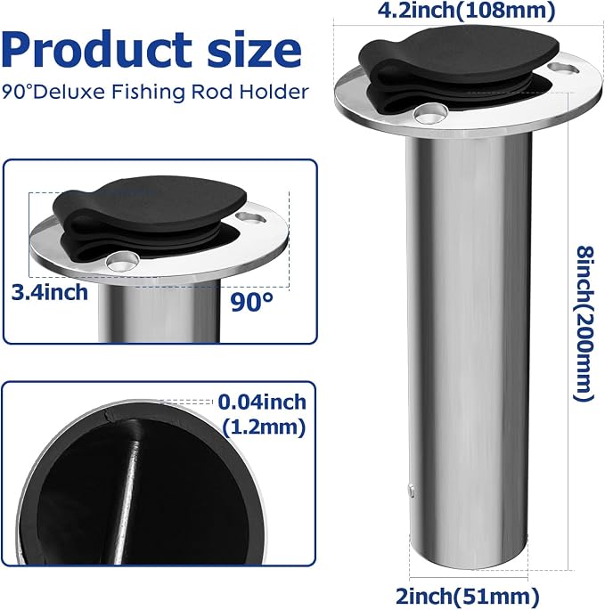 Fishing Rod Holder 2 Pack, 316 Stainless Steel 15/30/90 Degree Rod Holders for Fishing Boat, Flush Mount with Cap, Heavy Duty
