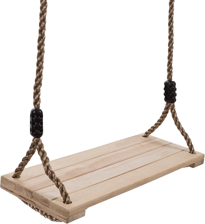 HEY! PLAY! Wooden Swing, Outdoor Flat Bench Seat with Adjustable Nylon Hanging Rope for Kids Playset Frame or Tree, Backyard Swinging Toy, Brown