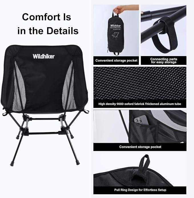 Wildhiker Lightweight Camping Chair – Folding Portable Chair for Adults, 2.16 lbs with Square Base and Carry Bag for Travel, Fishing, Motorcycle, Festival– Khaki