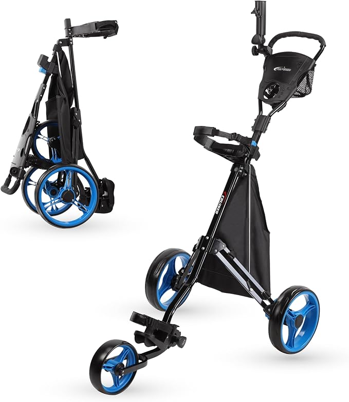 PRECISE Cruiser 3-Wheel Golf Push Cart with Foot Brake & Stabilizer Rods – Folding Golf Trolley, Ergonomic Handle, Detachable Storage Bag, Scorecard & Cup Holder