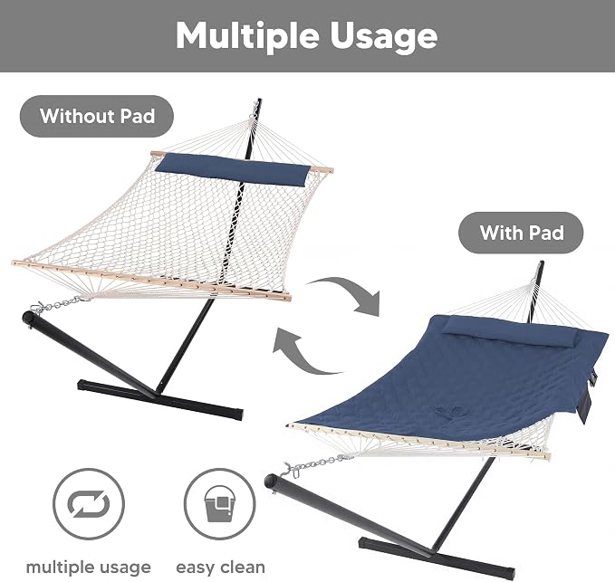 SUNCREAT Two Person Hammock with Stand, Carrying Bag, Heavy Duty Backyard Hammock and Stand, Navy Drops