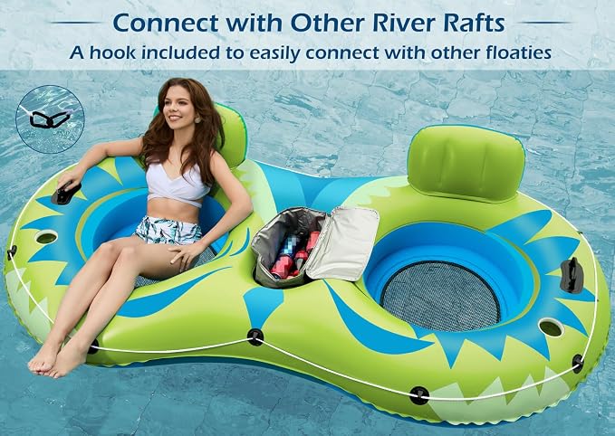 Jasonwell Inflatable River Tube Float - 2 Person Heavy Duty River Float Pool Floats with Removable Cooler Lake Water Tubes for Floating River Raft Lounge Floatie with 2 Cup Holders for Adults (YG)