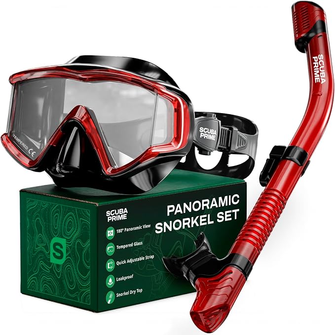 Pano 3 180° Panoramic Dive Mask, Three-Window Tempered Glass Scuba Mask with Dry Top Snorkel, Dual-Layer Silicone Skirt Anti-Leak Diving Gear for Men Women Teens Adults, 4 Color Options