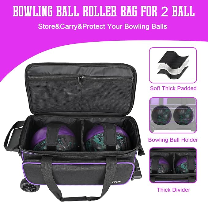 LARIPOP 2 Ball Bowling Roller Bag, Wheeled Bag with Shoe Compartment, Telescopic Handle & Padded Protection for Men Women