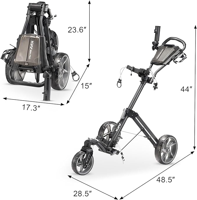 KVV Mini-Pro Deluxe Golf Cart for All Age Groups,Golf Push Cart with Adjustable Upper Bracket, 360 Swivel Front Wheel, Ultra-Compact Size（Charcoal）