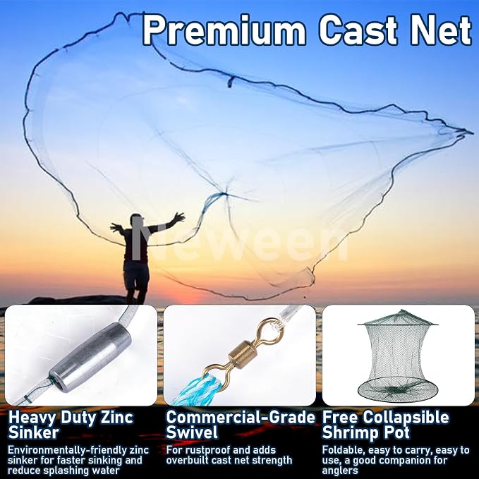 Neween Cast Net for Fishing with Shrimp Cage, American Freshwater Saltwater 3/4/5/6/7/8/9/10Ft Radius Casting Net Bait Trap Fish, Heavy Duty Zinc Sinker, 3/8 Inch Mesh Size