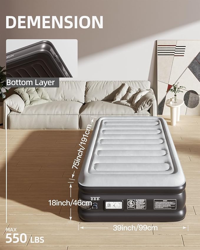 CHILLSUN 2026 Upgraded Twin Air Mattress with Built in Pump, 3 Mins Quick Self-Inflation Inflatable Airbed Puncture-Resistant, Leak-Proof Blow Up Mattress for Home Portable Camping Travel