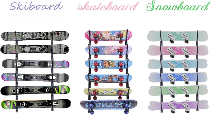6 tiers Skateboard Wall Mount Longboard Rack Storage + 4pcs Skateboard Hanger Skate Deck Display Holder