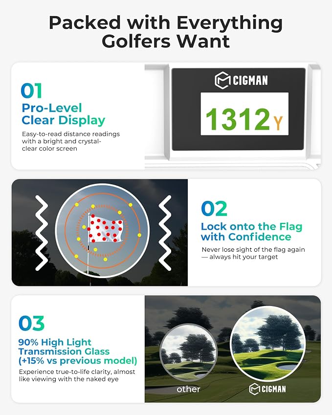 Golf Rangefinder with Slope, CIGMAN 1312 Yards Range Finder Golf, External Color Display, Flag Lock Vibration, 6X Magnification, Rechargeable Laser Range Finder with Magnetic, Ideal