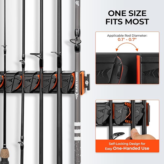 KastKing GravityLock V9 Vertical Fishing Rod Holder, 2-Pack Wall Mounted Fishing Rod Rack, Holds Up to 18 Fishing Rods or Combos, Heavy-Duty Grip, One size Fits Most, Fishing Rod Holders for Garage