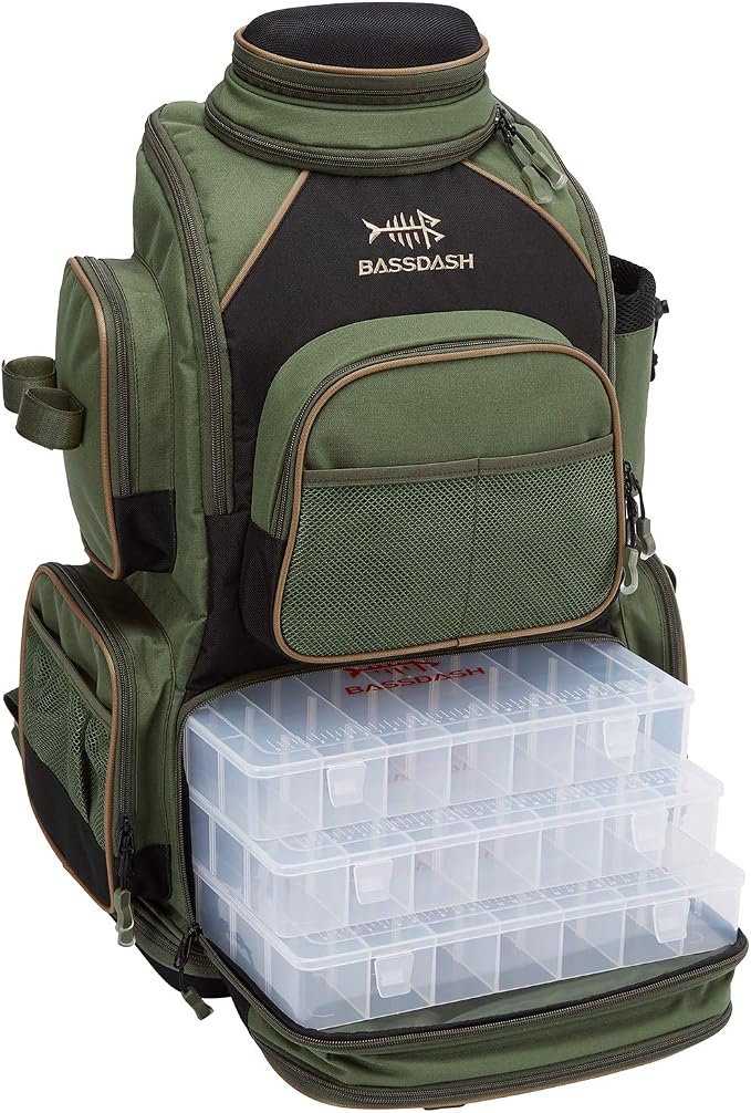 BASSDASH Fishing Tackle Backpack Water Resistant Tactical Bag Soft Tackle Box with Rod Holder and Protective Rain Cover