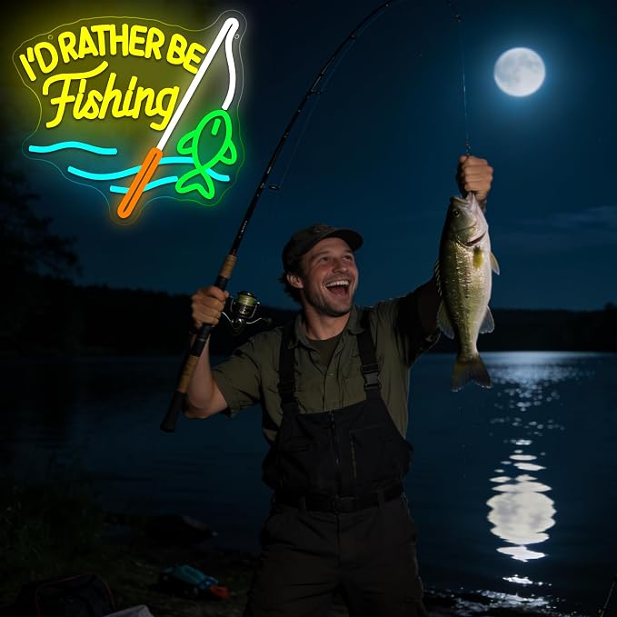 I'd Rather Be Fishing Neon Sign for Wall Decor Fishing Neon Light Man Cave | Dimmable Neon,Fisherman Birthday Fishing Gifts,Led 5V USB Powered,Fishbowl,Fish Room Decor,Business Shop Wall Art,13.3*12.2in