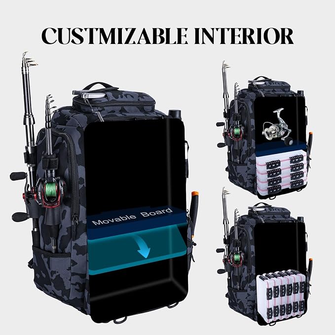 Goture 40L Fishing Tackle Backpack with Cooler and 2 3600 fishing tackle boxes, 900D Water-Resistant Tackle Backpack with Removable Bait Binder, 2 Rod Holders and Rain Cover,Camouflage backpack