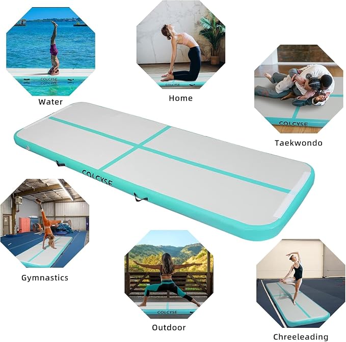 Inflatable Gymnastics Tumbling Mat, 4/8 Inch Thick 10/13/16/20/23FT Training Mat with Electric Air Pump, Non-Slip Waterproof PVC for Home Gym Outdoor Cheerleading Yoga Taekwondo