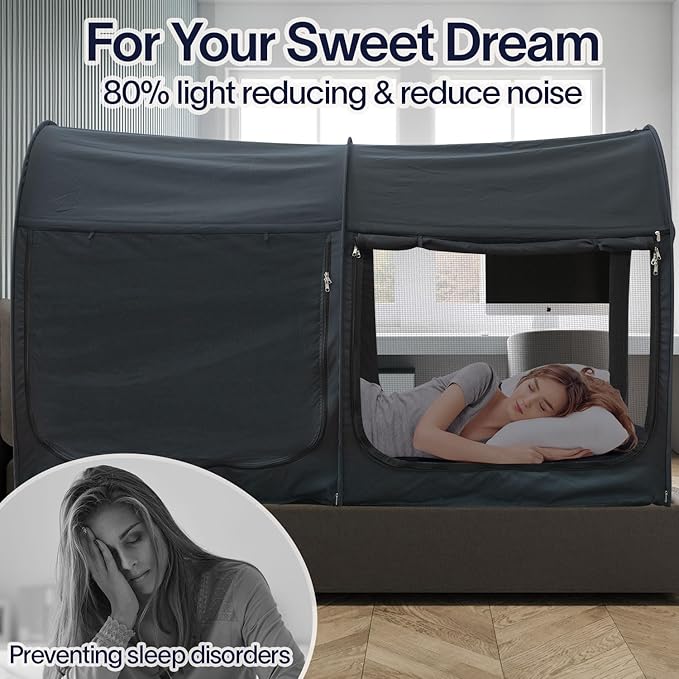 Alvantor® Bed Canopy Bed Tents 2-in-1 Dream Tents Privacy Space Twin Size Sleeping Tents Indoor Pop Up Portable Frame Curtains Breathable Gray Cottage Reducing Light & Air Ventilation