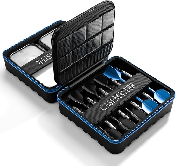 Casemaster Maxx 3 Dart Case, Holds 9 Steel Tip or Soft Tip Darts Fully Assembled, Hard Shell EVA Darts Case, 16 Accessory Pockets, Blue