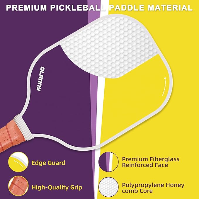 OLANNY Graphite Pickleball Paddles Set- Premium Rackets Fiber Face & Polymer Honeycomb Core Pickleball Set Includes Pickleball Paddles + Pickleball Balls+ Replacement Soft Grip + 1 Bag