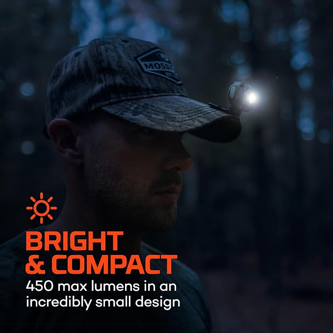 NEBO MYCRO 450 Headlamp | 450 Lumens, 6 Light Modes, White Red & Green Light, USB Rechargeable, Water Resistant, Adjustable Strap, Cap Light, Bright Light for Camping & Hiking – Mossy Oak Bottomland