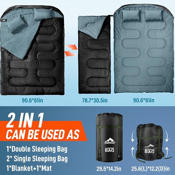 MEREZA Double Sleeping Bag for Adults Mens with Pillow, XL Queen Size Two Person Sleeping Bag for All Season Camping Hiking Backpacking 2 Person Sleeping Bags for Cold Weather & Warm