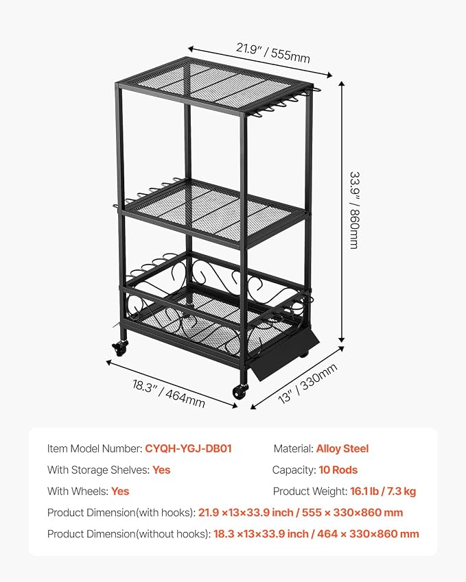VEVOR Fishing Rod Holder for 10-Rods, Mobile Fishing Pole Rack Cart with Wheels, Fish Gear Equipment Organizer for Garage Home Indoor Use, for Tackle Box Reel Accessories Storage, Gifts for Men
