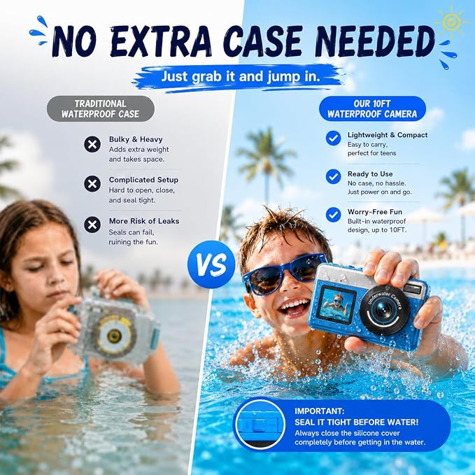 Maxmango D70 Underwater Camera, 10FT Waterproof Digital Camera for Pool & Beach, 4K 48MP Teens Underwater Cam with Dual Screens, Autofocus, 18X Zoom, Floating Camera for Boys Girls Blue(16GB)